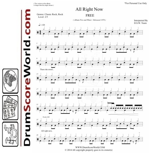 Free - All Right Now | Drum Sheet + Play-Along Track